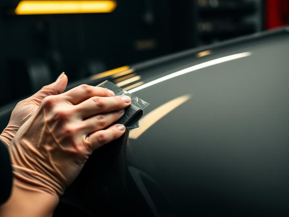 Technician applying paint protection film to a car panel